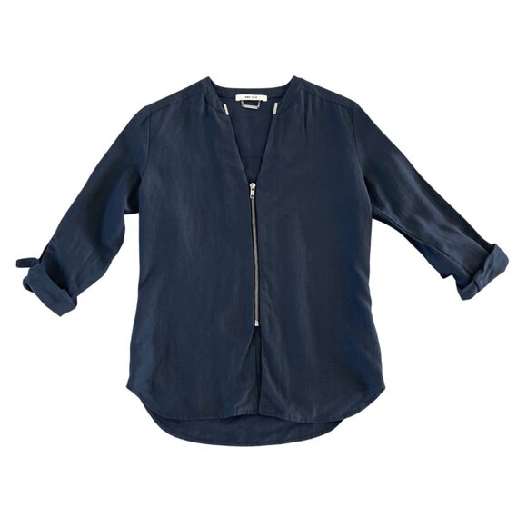 AMS Pure Blue Linen Silk Zipper Womens Top Roll Tab Sleeve US 6 Spain Minimalist - Picture 1 of 9